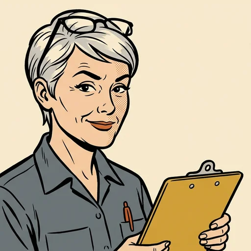 Dispatch Dotty, drawn in comic-strip style: a silver-haired woman holding a clipboard.
