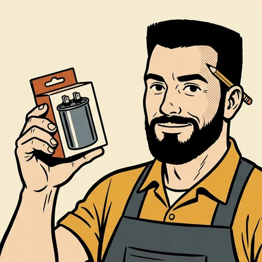 Parts Counter Pete, drawn in comic-strip style: a bearded man in a work apron holding up a boxed capacitor.